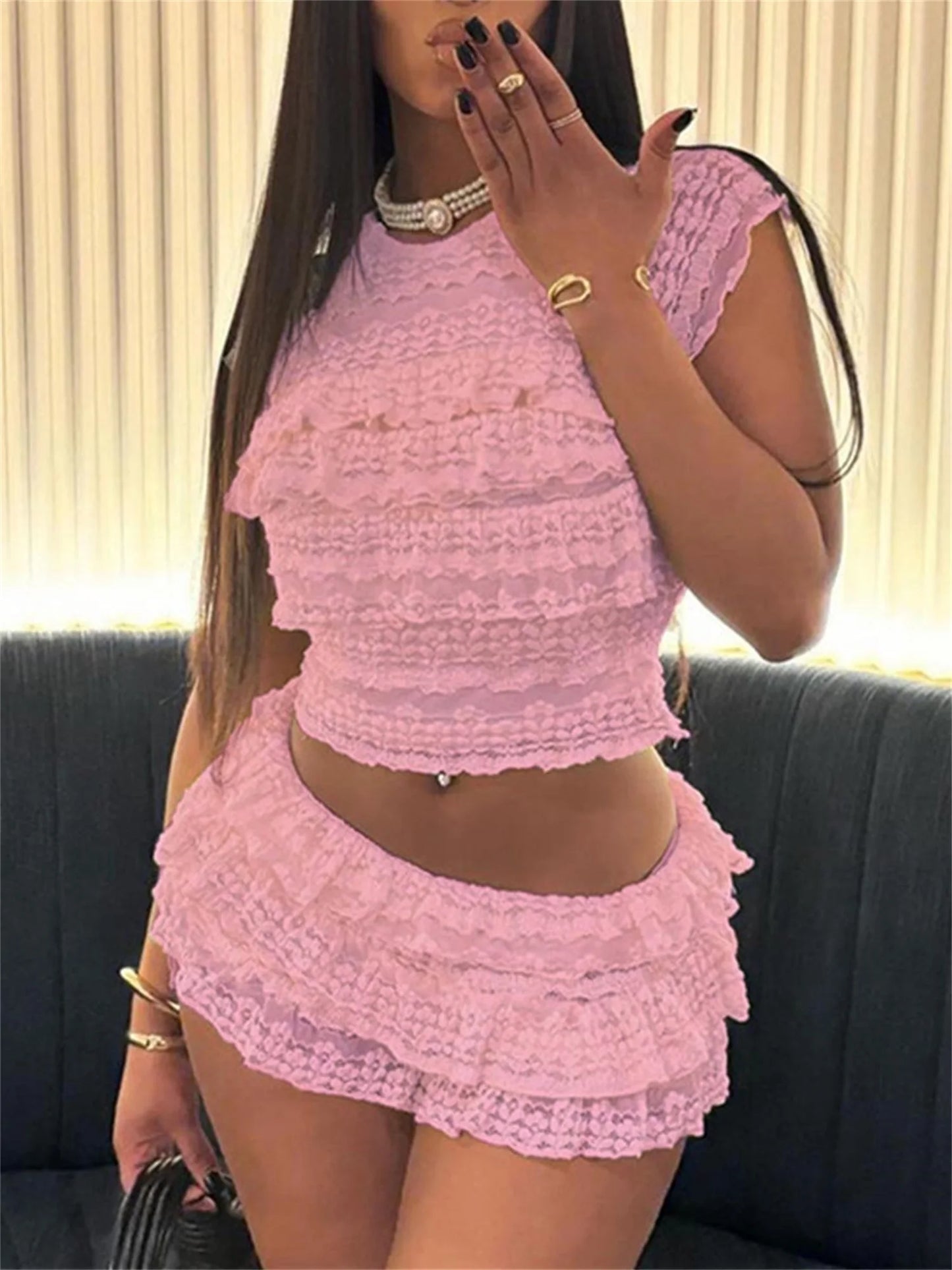 Women s Lace Crop Top and High Waisted Shorts Set with Short Sleeves and O Neckline Tiered Lace