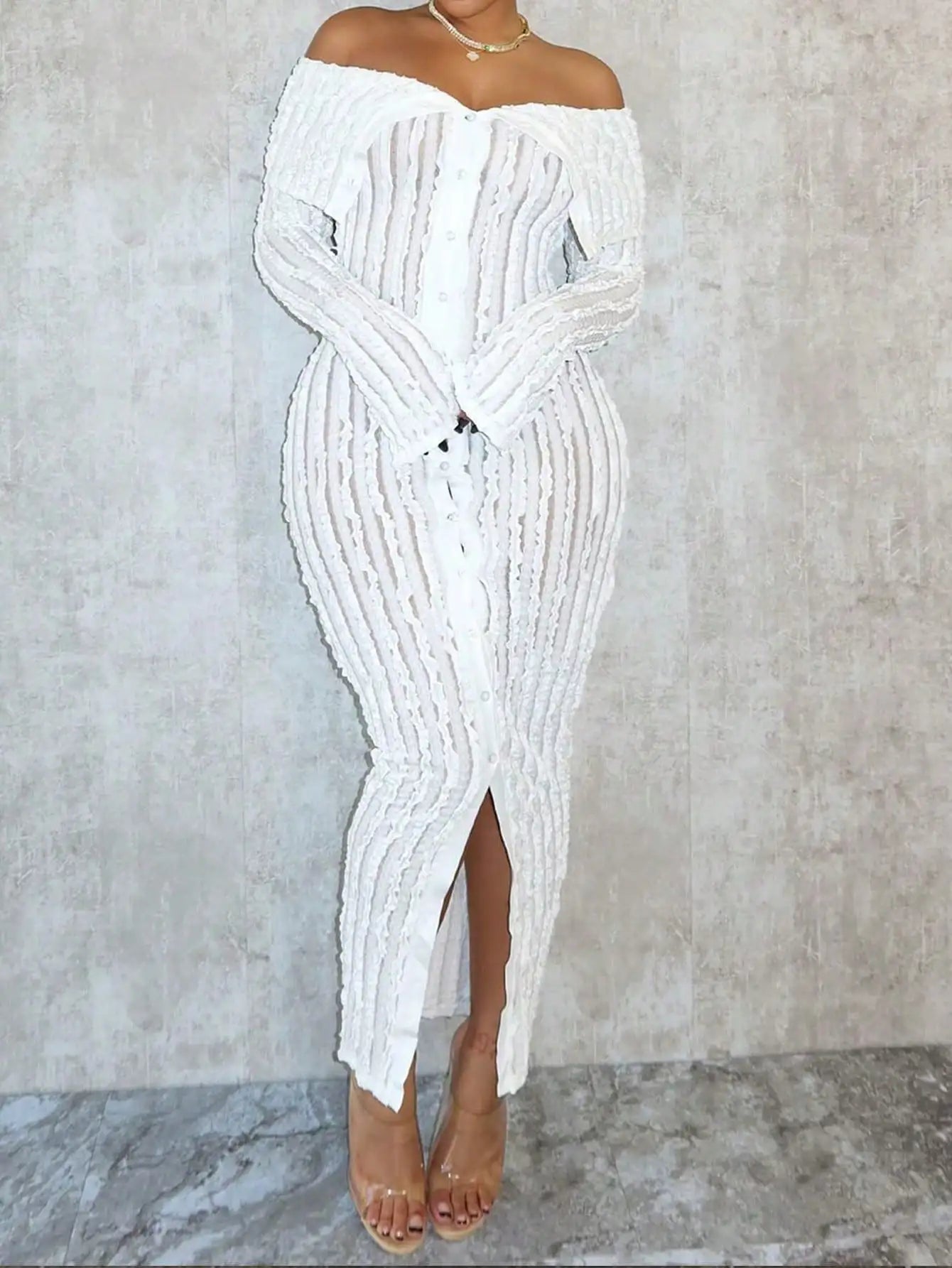 Women Elegant Off Shoulder Dress Long Sleeve Button Down High Split Bodycon Dress