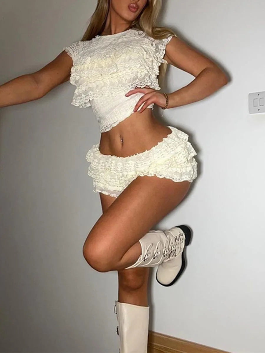 Women s Lace Crop Top and High Waisted Shorts Set with Short Sleeves and O Neckline Tiered Lace