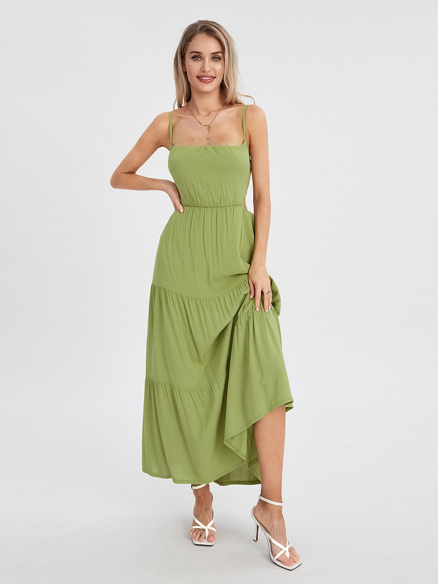 Elegant Sleeveless Maxi Dress with V-Neckline and Ruched Waist Detail for Women