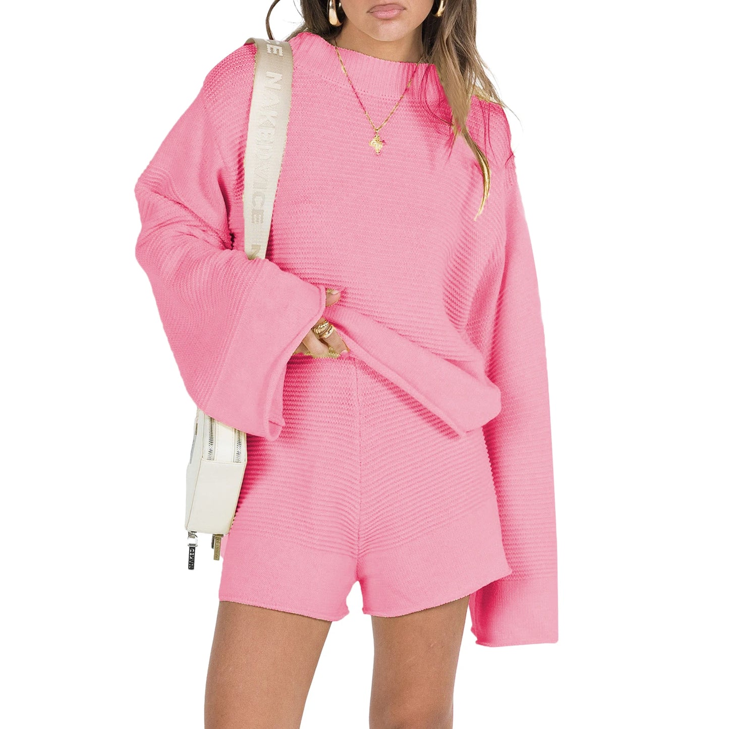 Women s Summer Knit Outfits Solid Color Long Sleeve Round Neck Tops High Waist Shorts