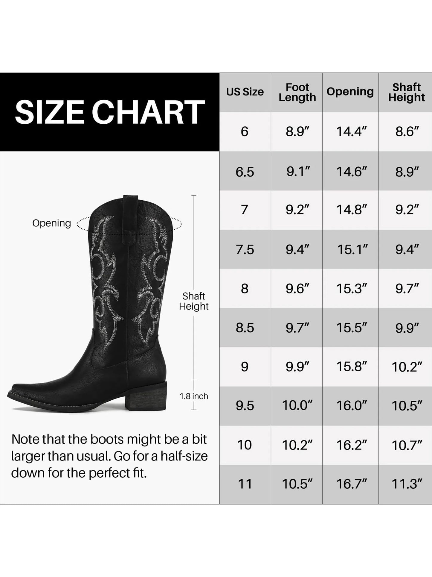 Black Cowboy Boots for Women - Embroidered Cowgirl Boots Western Mid Calf