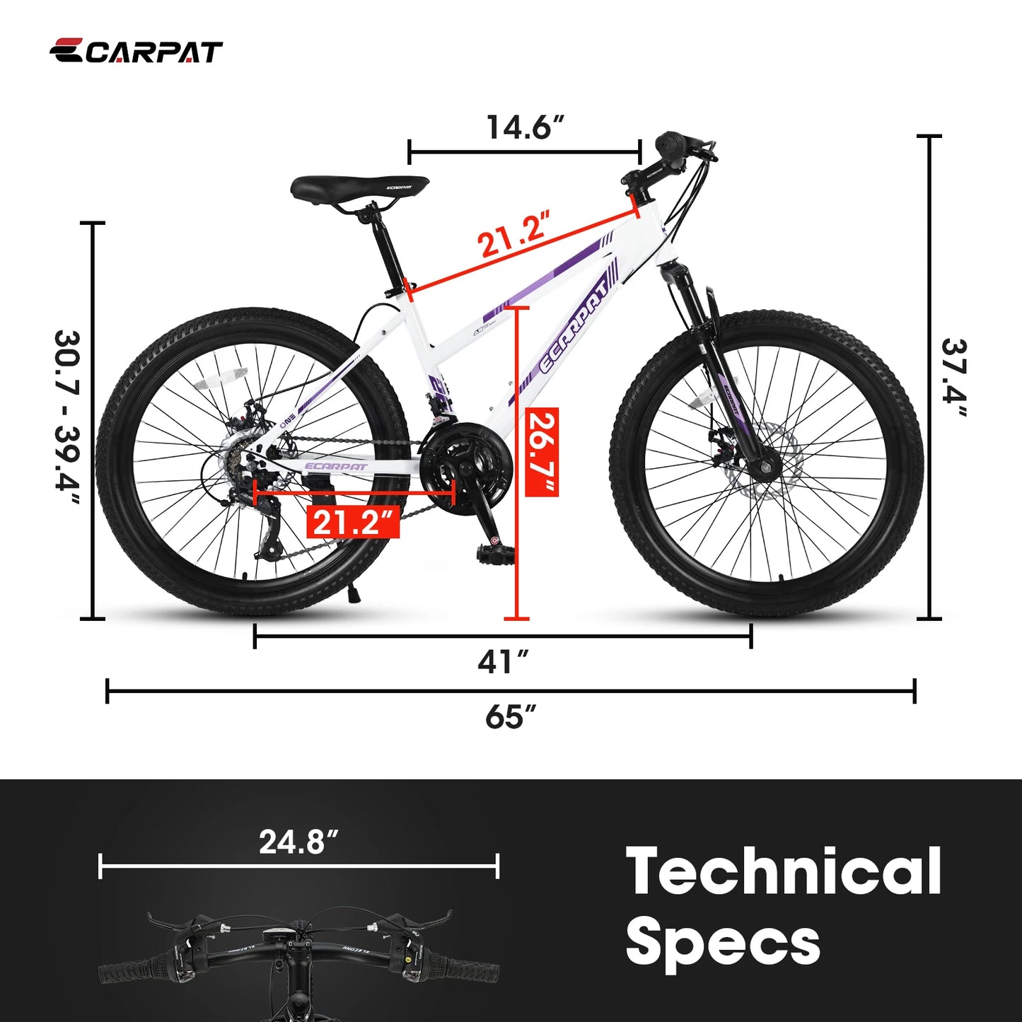Mountain Bike 24 26 Inch Wheels, 21-Speed Disc Brake, Female Bicycles, 15" Steel Frame Front Fork Suspension