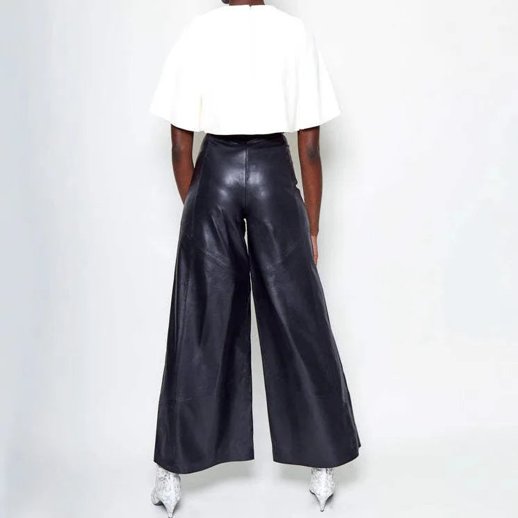 Casual Loose Leather Pants Women High Waist Wide Legs Solid Pocket Flare Pant Female 2025