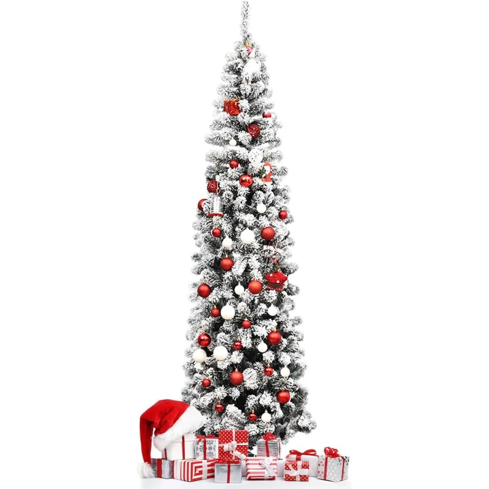 Snow Flocked Pencil Christmas Tree Artificial Xmas Tree for Indoor Outdoor