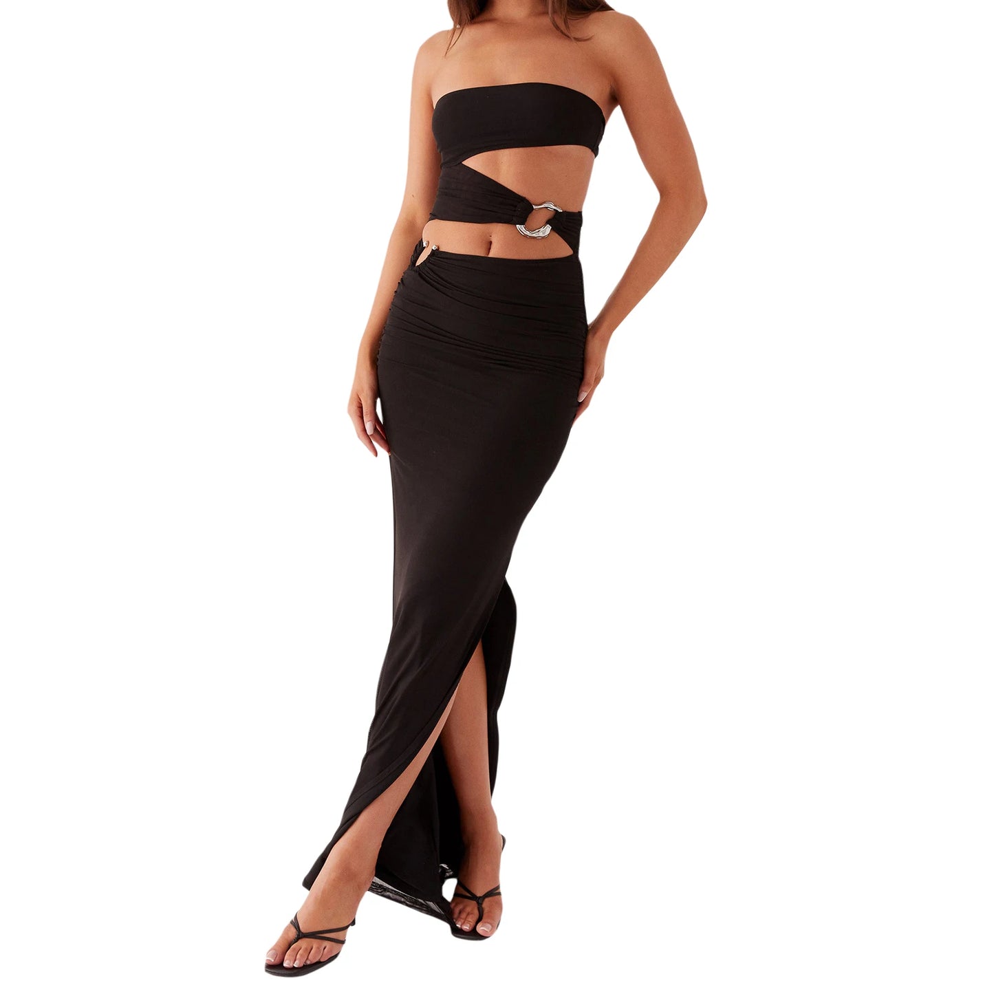 Elegant Off-Shoulder Maxi Dress with Chic Cut-Out Details and Vibrant Print Patterns