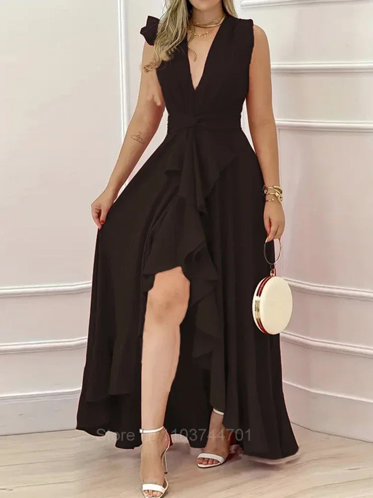 Women Summer Deep V Neck Sleeveless A-Line Long Dress Solid Red Cocktail Dresses
