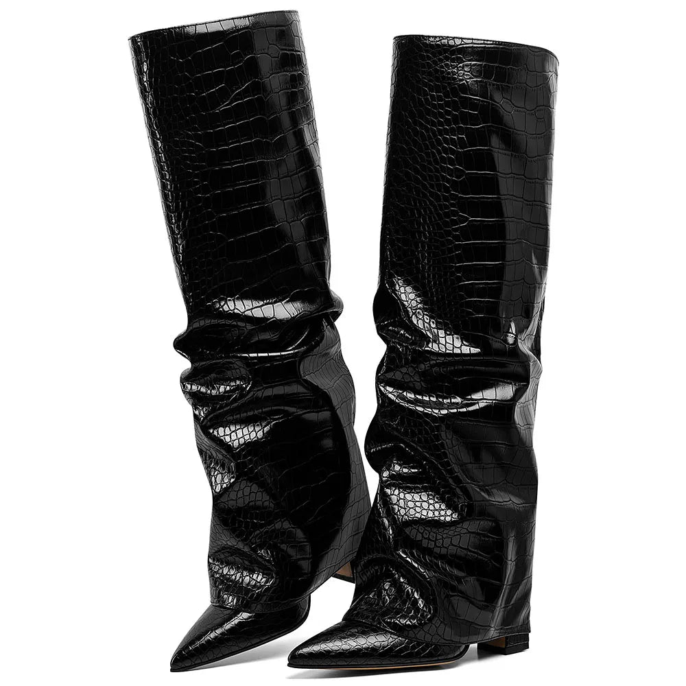Knee High Fashion Women Fold Over Boots Pleated Block High Heel Pointed Toe Shoes