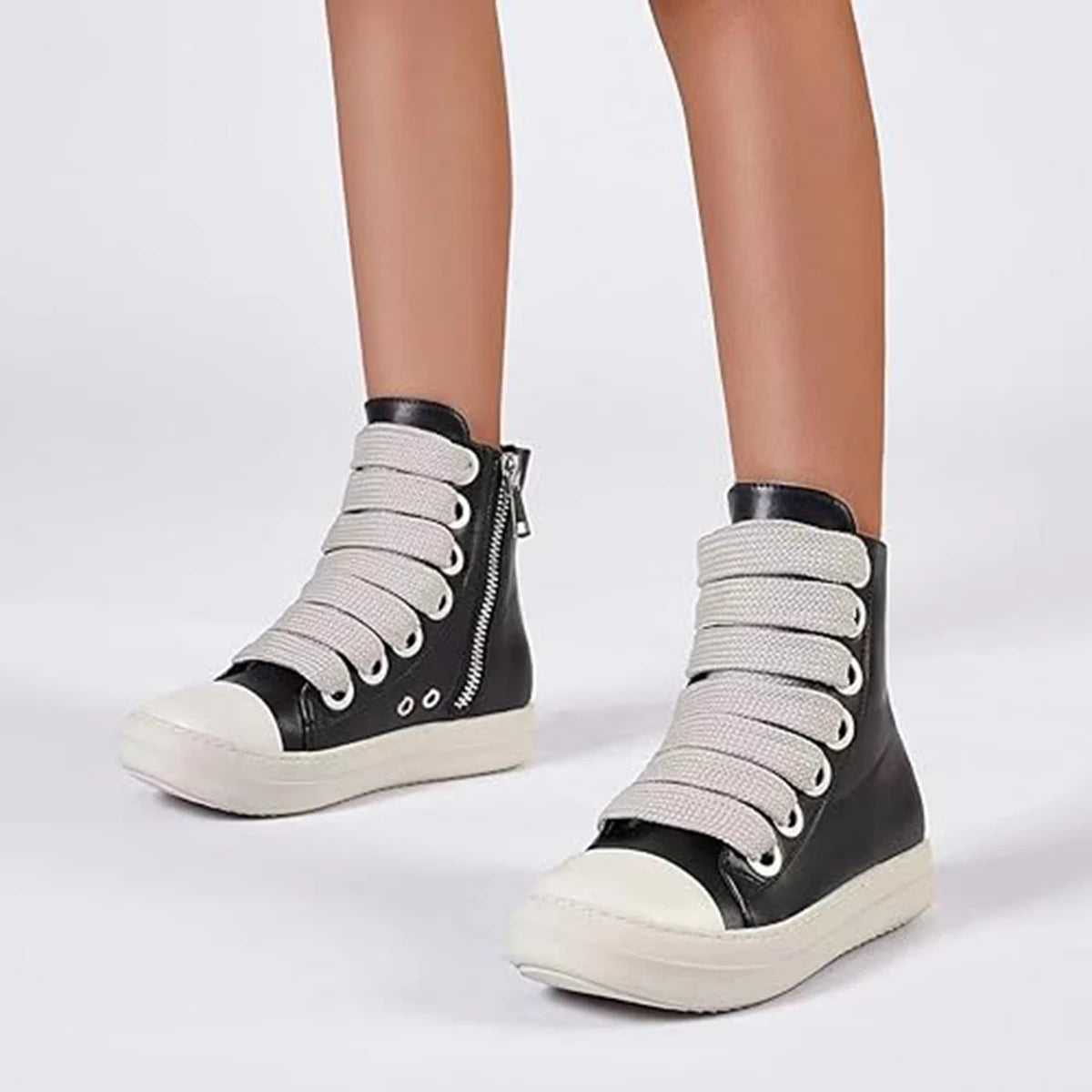 Women Sneaker Quality Jumbo Lace Designer Black Leather Zip Flat Thick-sole Ankle Boot