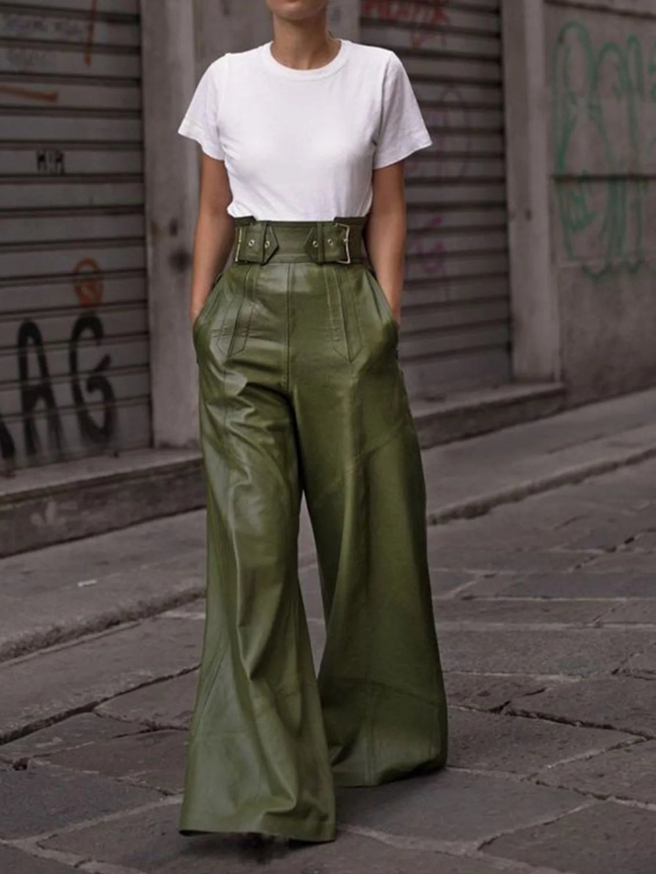 Casual Loose Leather Pants Women High Waist Wide Legs Solid Pocket Flare Pant Female 2025
