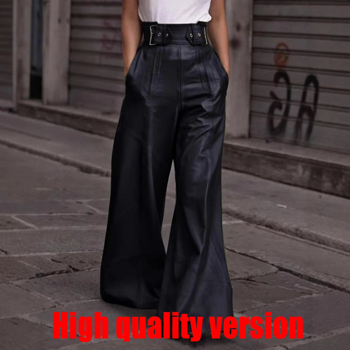 Casual Loose Leather Pants Women High Waist Wide Legs Solid Pocket Flare Pant Female 2025