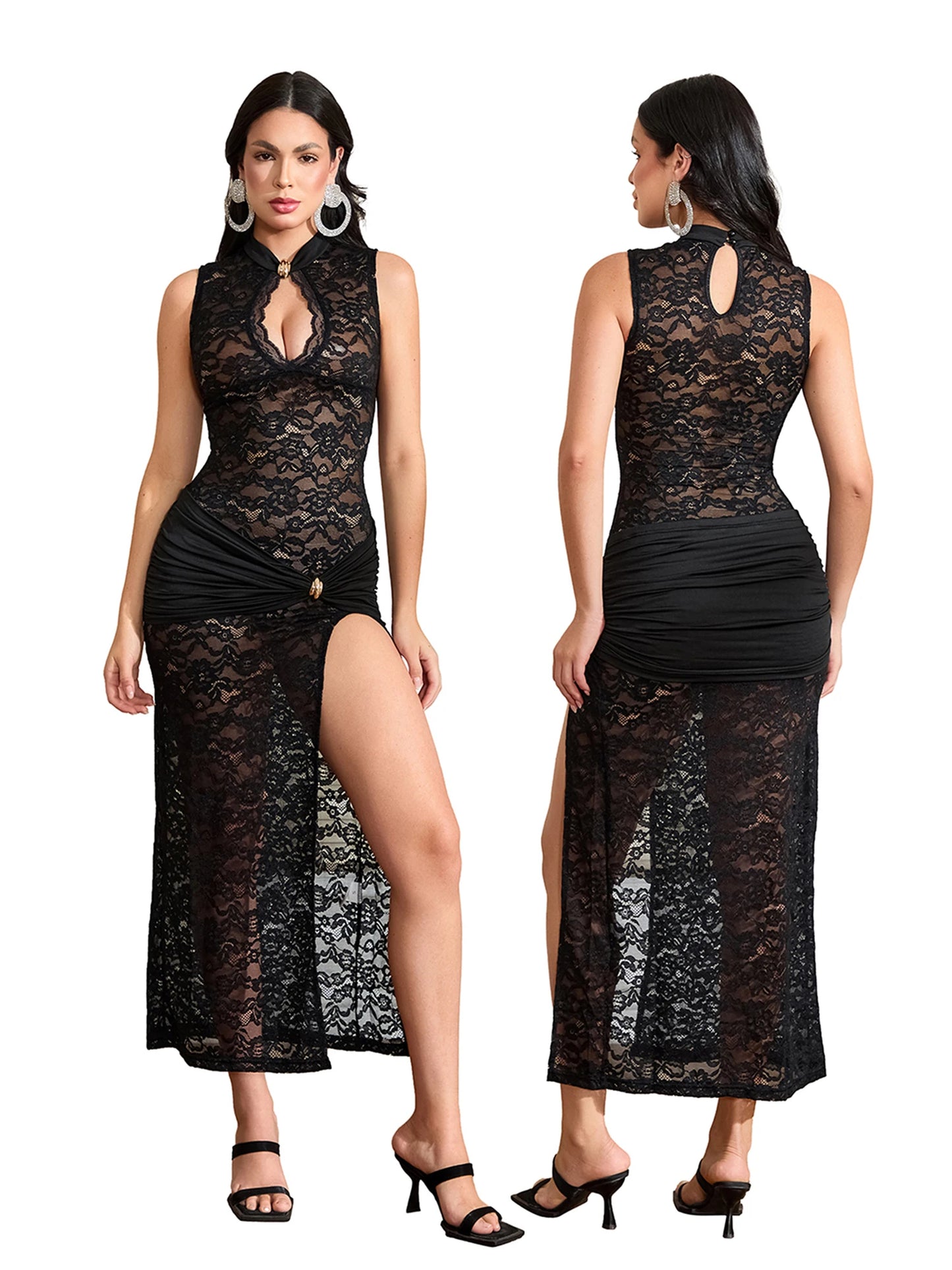 Elegant Women s Sleeveless Lace Floral Maxi Dress with High Side Split and Cutout
