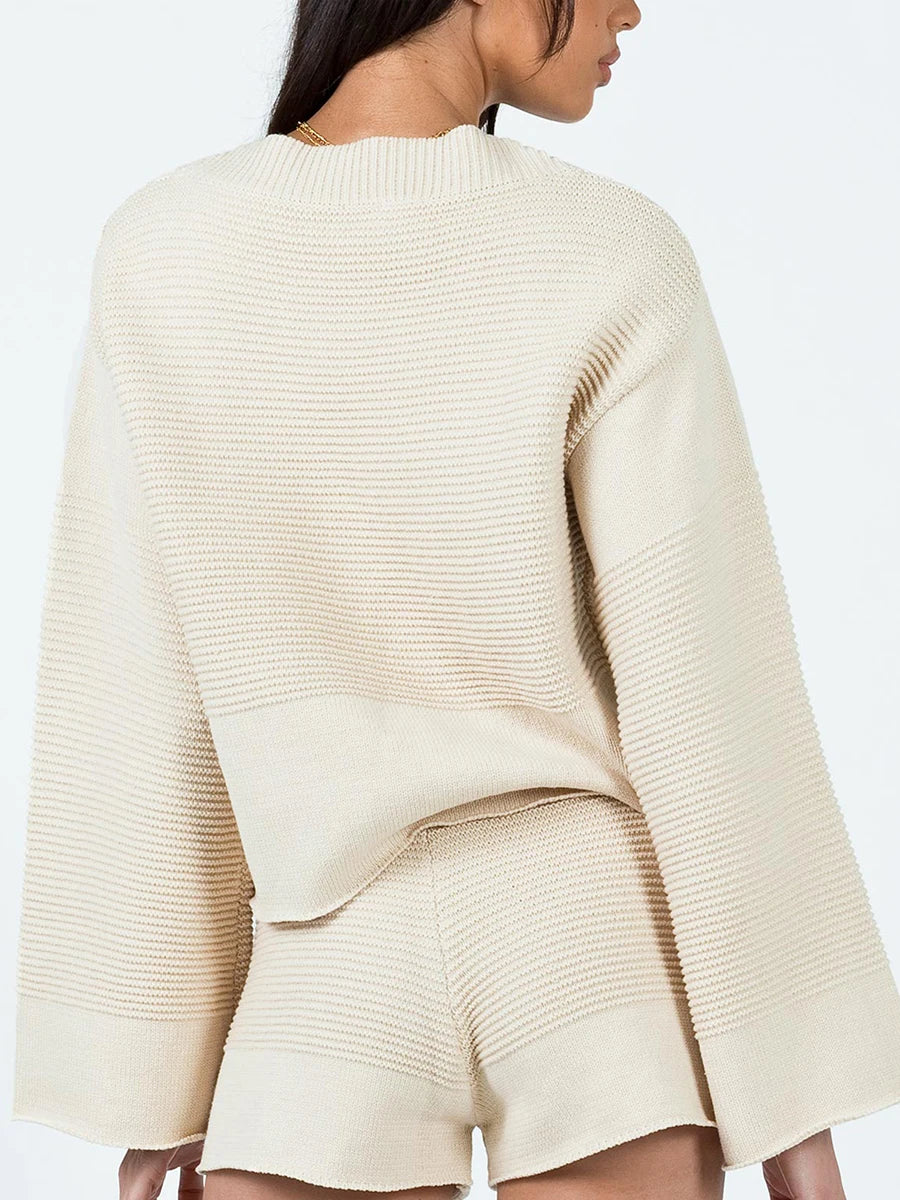 Women s Summer Knit Outfits Solid Color Long Sleeve Round Neck Tops High Waist Shorts