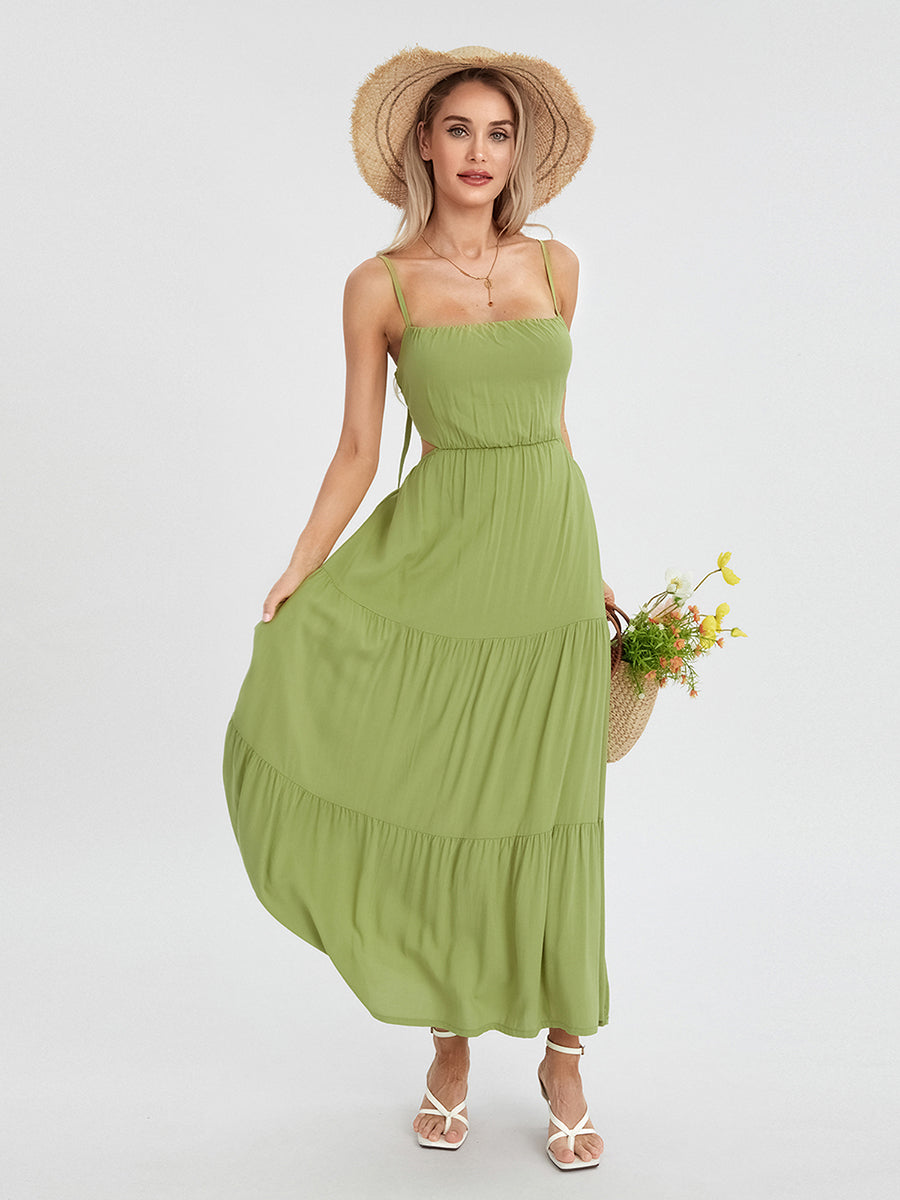 Elegant Sleeveless Maxi Dress with V-Neckline and Ruched Waist Detail for Women