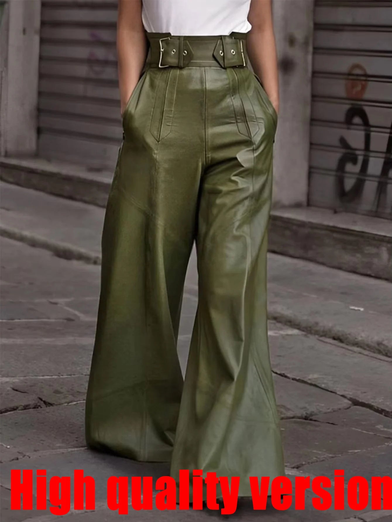 Casual Loose Leather Pants Women High Waist Wide Legs Solid Pocket Flare Pant Female 2025