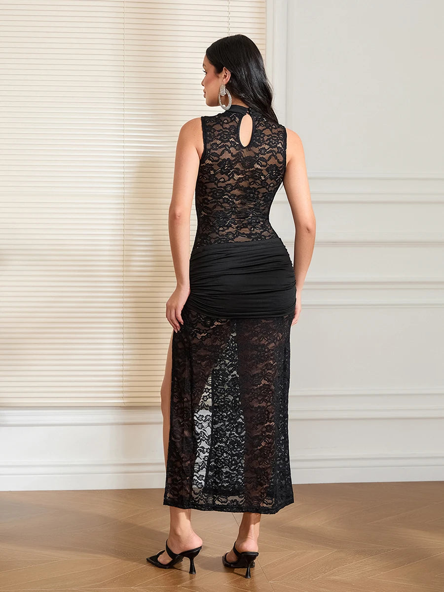 Elegant Women s Sleeveless Lace Floral Maxi Dress with High Side Split and Cutout