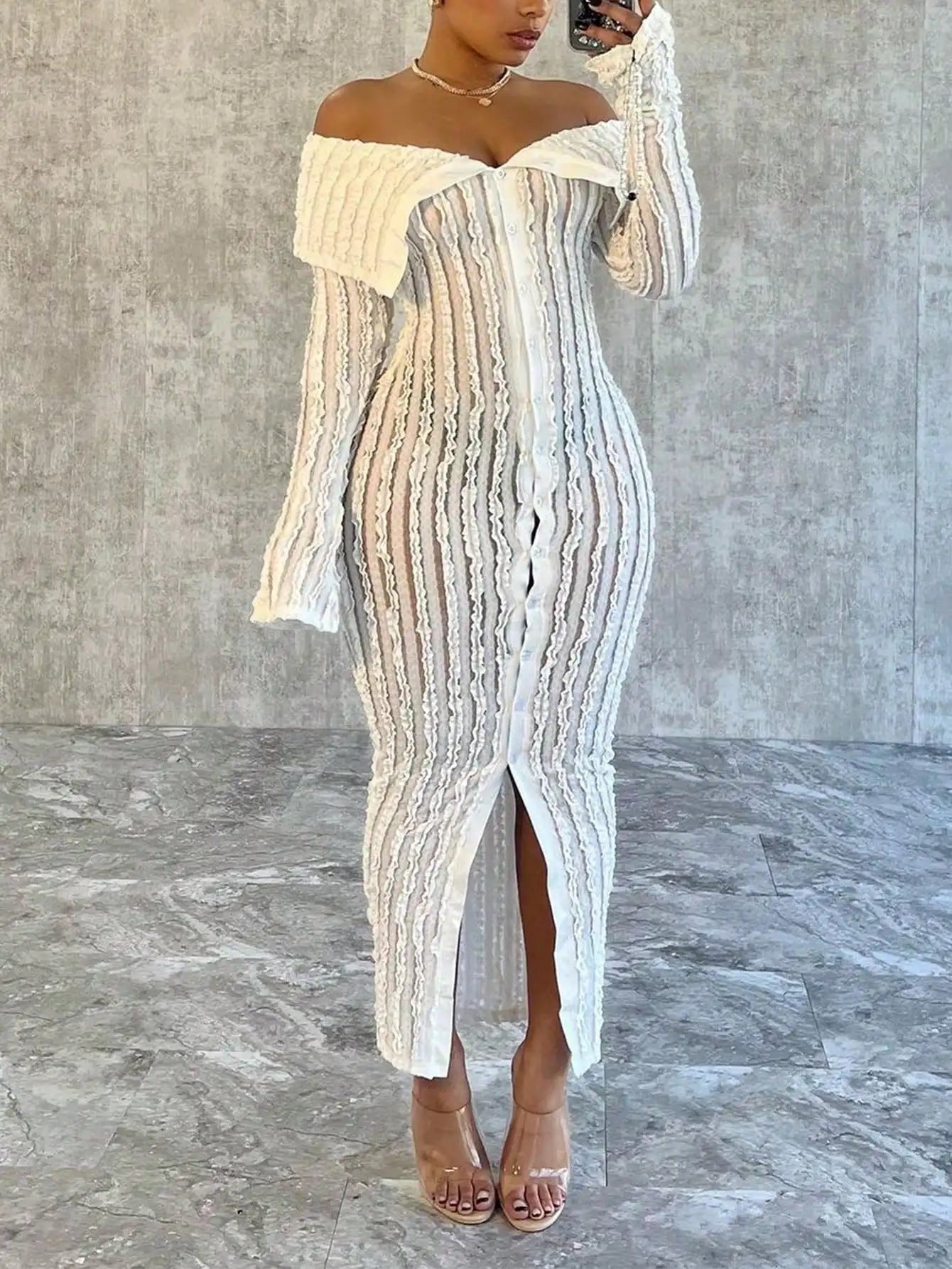 Women Elegant Off Shoulder Dress Long Sleeve Button Down High Split Bodycon Dress
