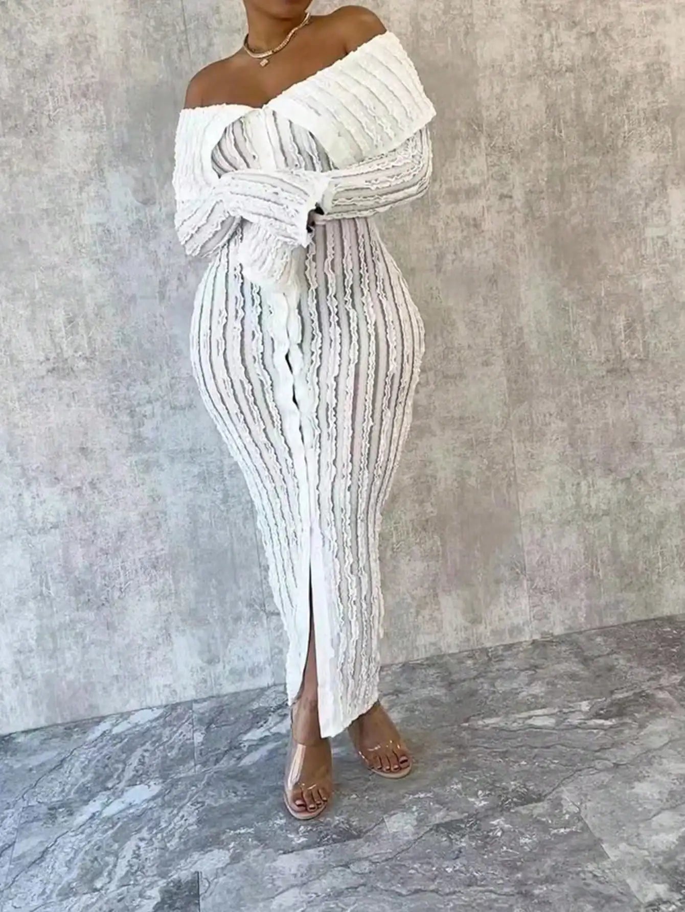 Women Elegant Off Shoulder Dress Long Sleeve Button Down High Split Bodycon Dress