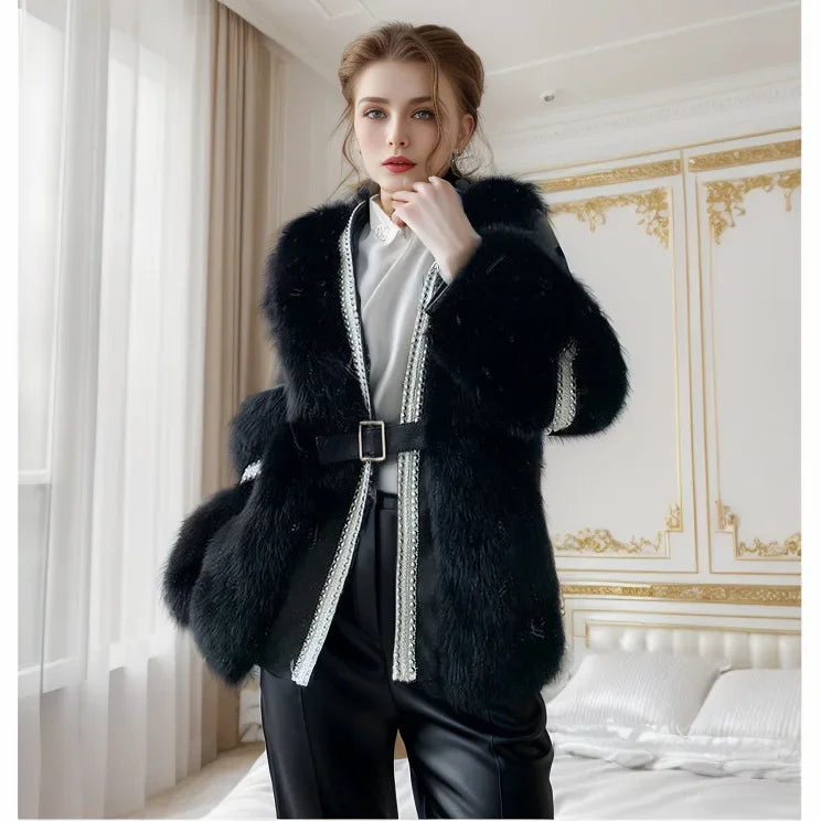 2025 Fashion Slim White Furry Jacket Women Autumn Winter Thick Warm Faux Leather Fur Coat V-neck
