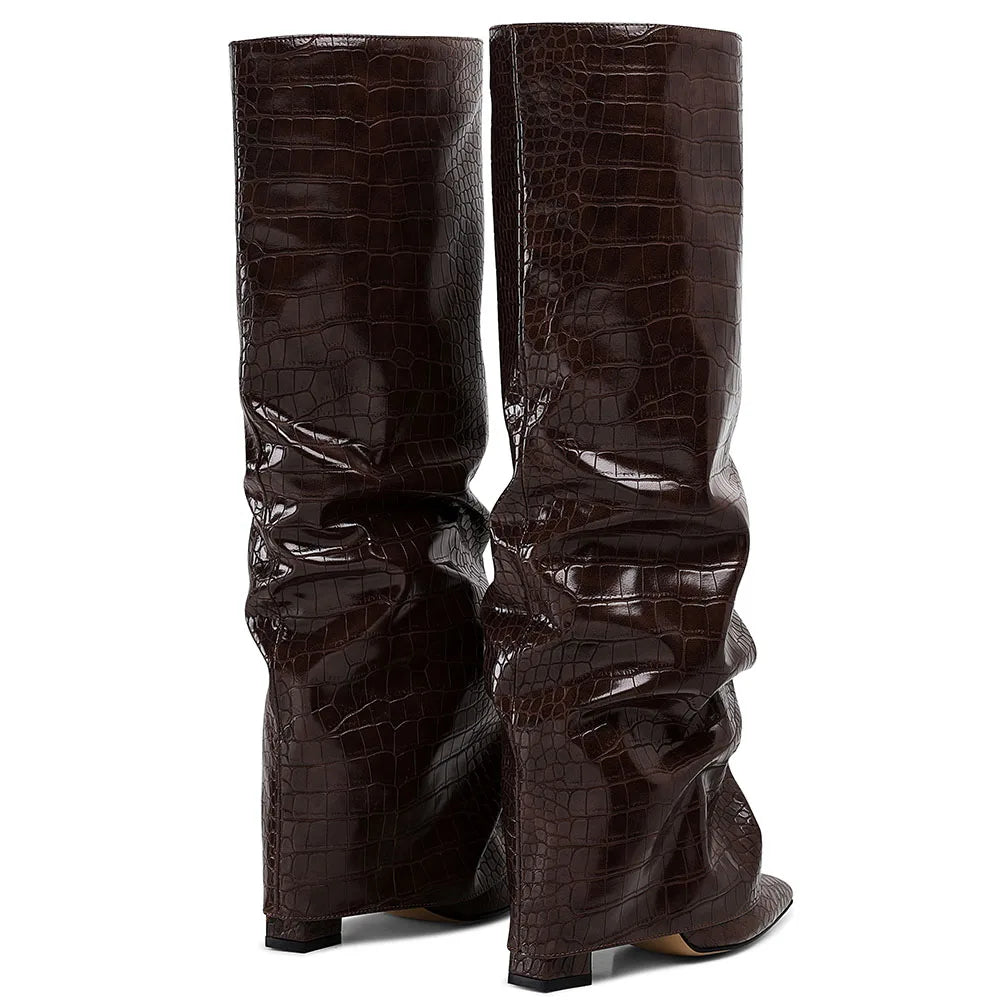 Knee High Fashion Women Fold Over Boots Pleated Block High Heel Pointed Toe Shoes