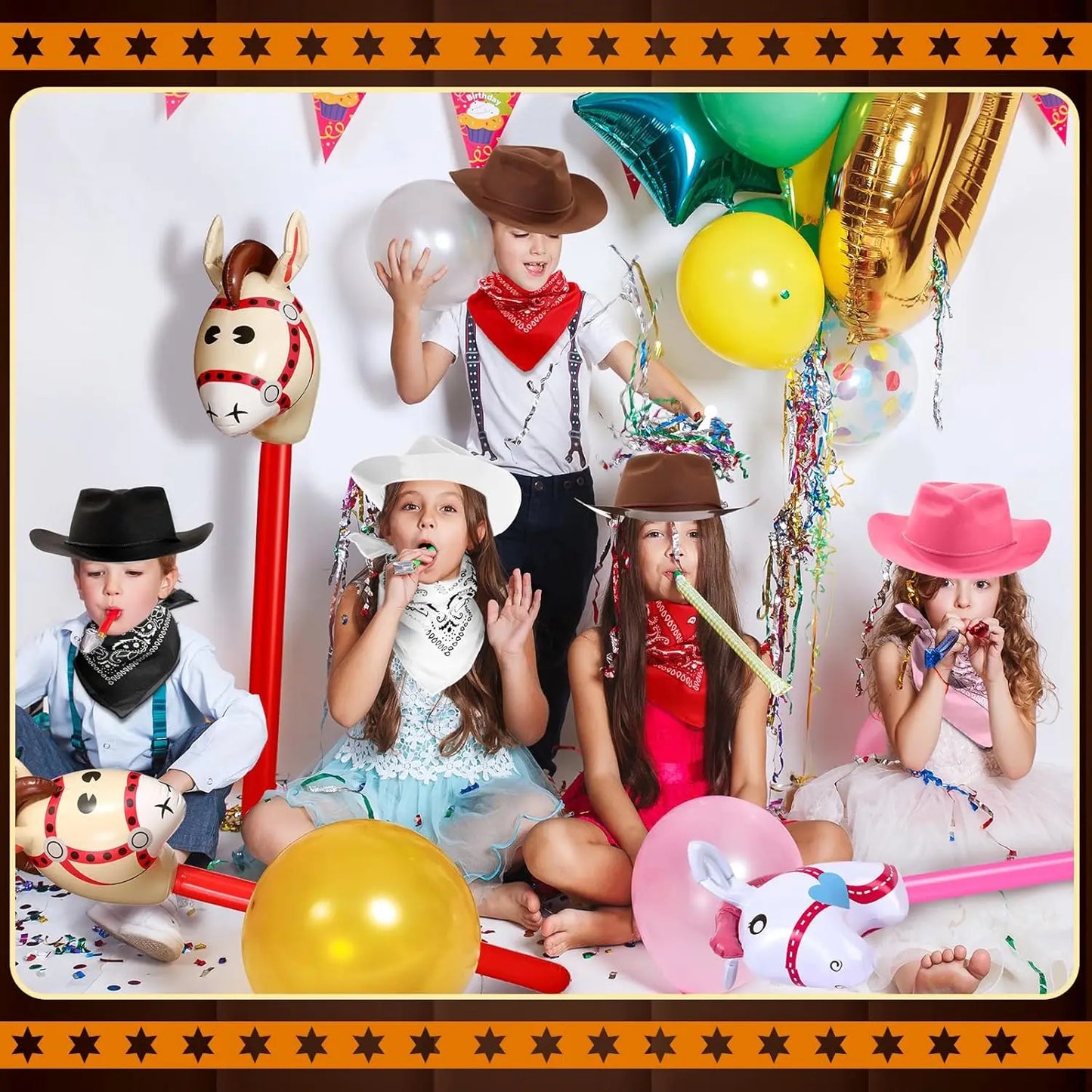 Xtinmee 36 Pcs Cowboy Party, Farm Cowboy Party Hats Paisley Bandanas Inflatable Stick Horses
