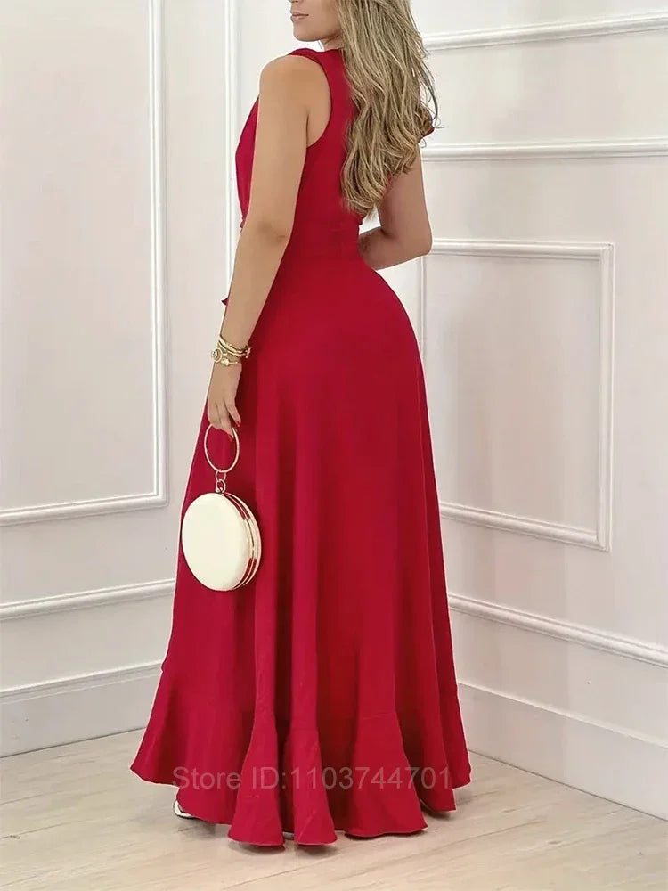 Women Summer Deep V Neck Sleeveless A-Line Long Dress Solid Red Cocktail Dresses