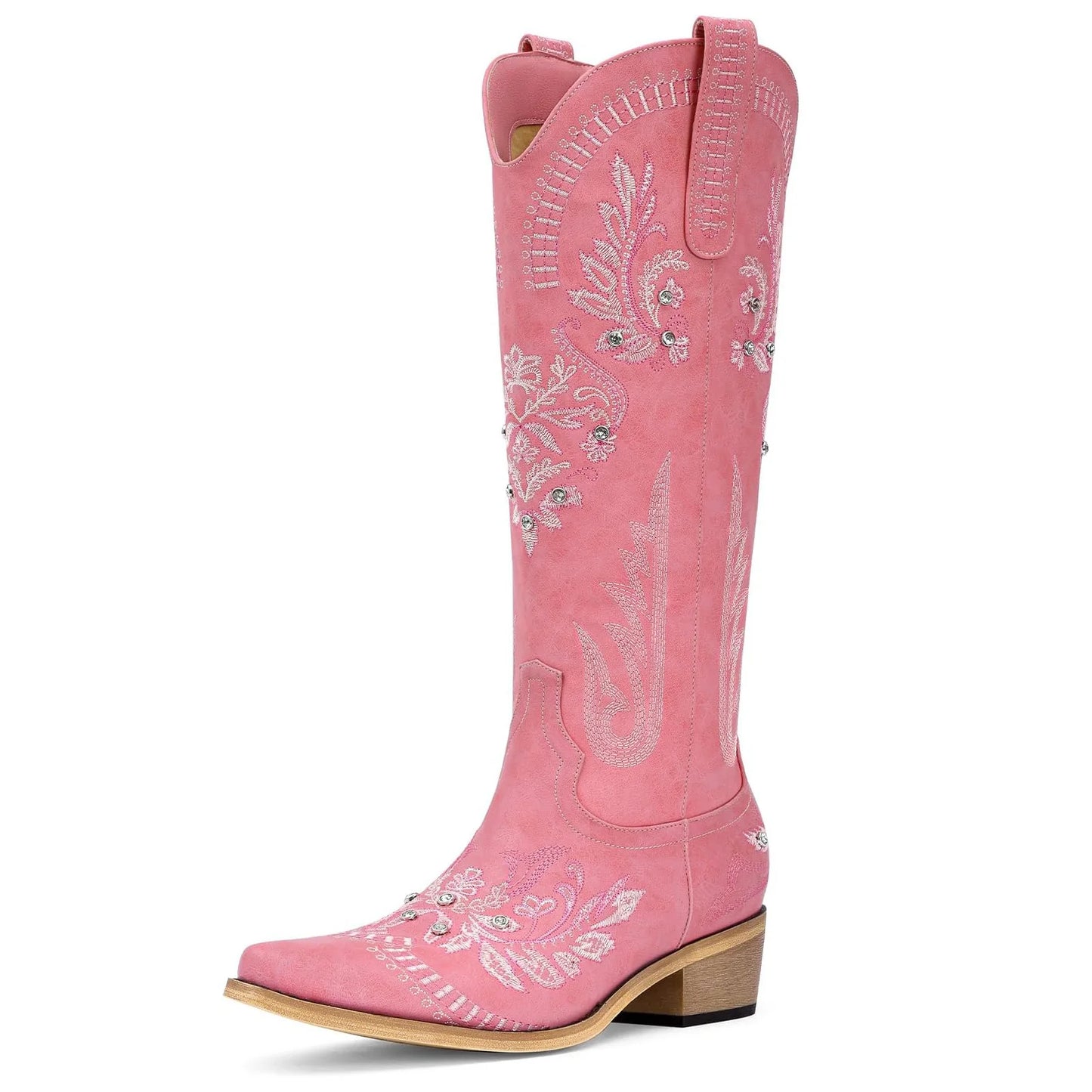 Wide Calf Knee High Western Cowgirl Boots, Sparkly Rhinestone Retro Country Boots