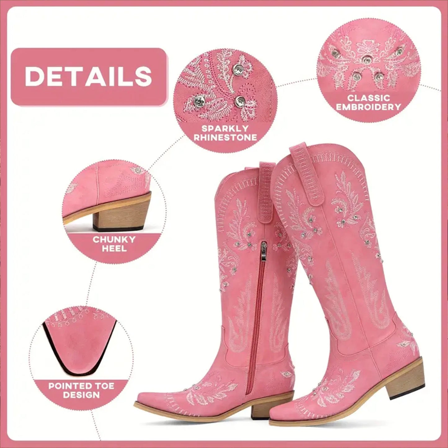 Wide Calf Knee High Western Cowgirl Boots, Sparkly Rhinestone Retro Country Boots