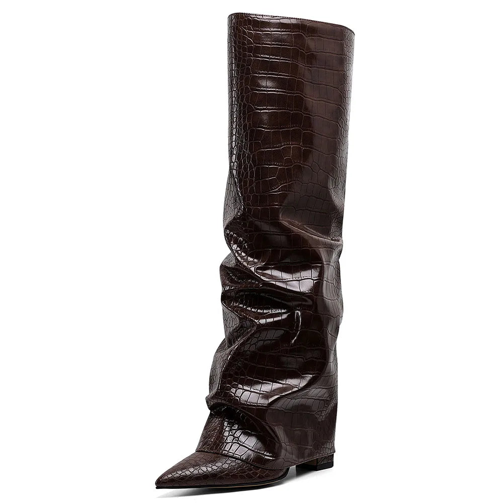 Knee High Fashion Women Fold Over Boots Pleated Block High Heel Pointed Toe Shoes