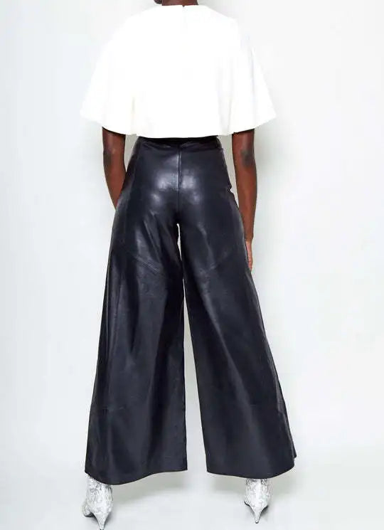 Casual Loose Leather Pants Women High Waist Wide Legs Solid Pocket Flare Pant Female 2025