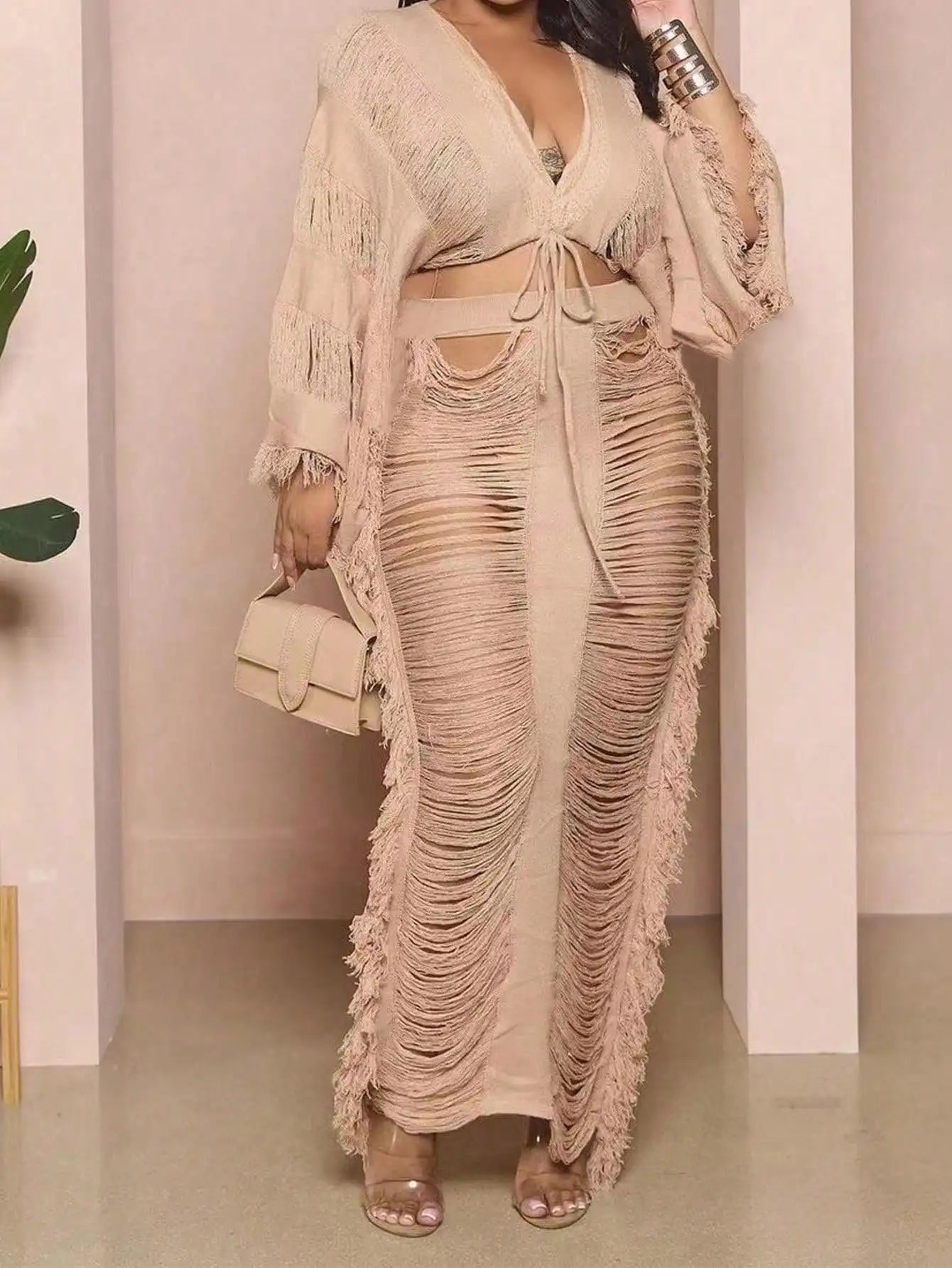2-piece Long-sleeved Top & Fringed Cutout Floor-length Dress Millennium Bohemian Suit Dress
