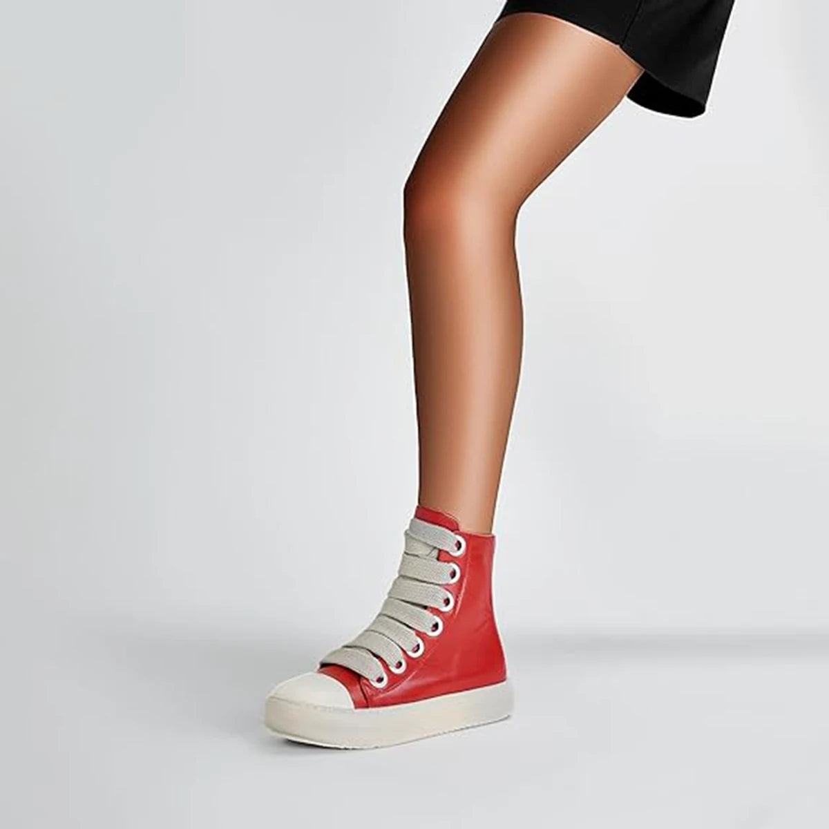 Women Sneaker Quality Jumbo Lace Designer Black Leather Zip Flat Thick-sole Ankle Boot
