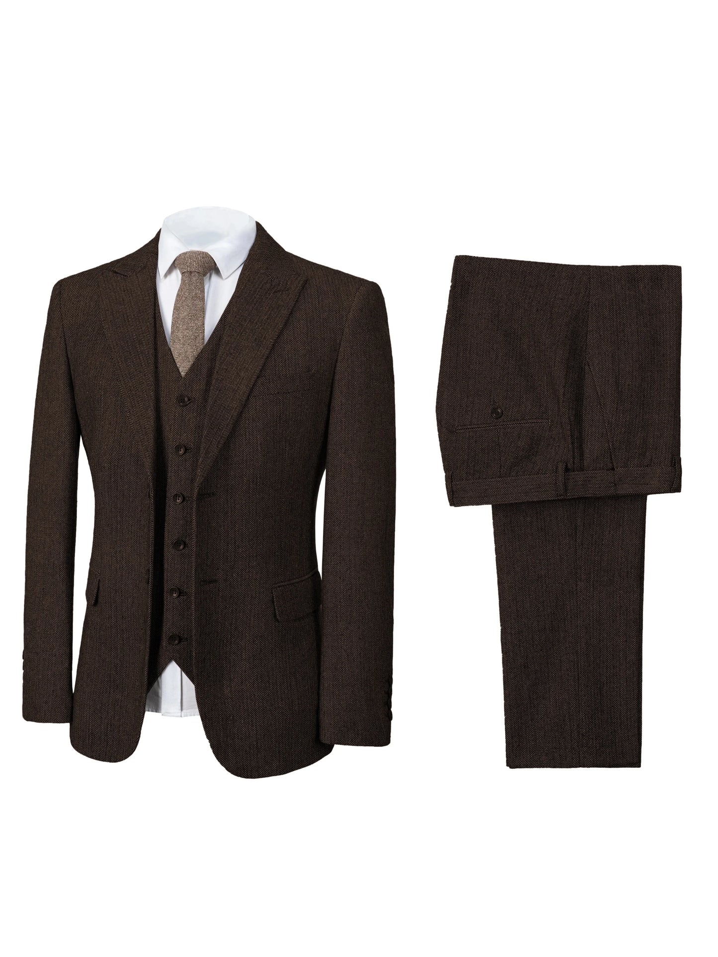 Elegant Men's Suit 3pcs Tweed Herringbone Wedding Suit Prom Tuxedos (Blazer+vest+Pants)