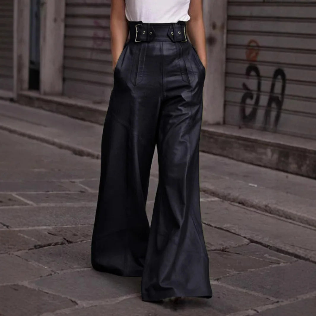 Casual Loose Leather Pants Women High Waist Wide Legs Solid Pocket Flare Pant Female 2025
