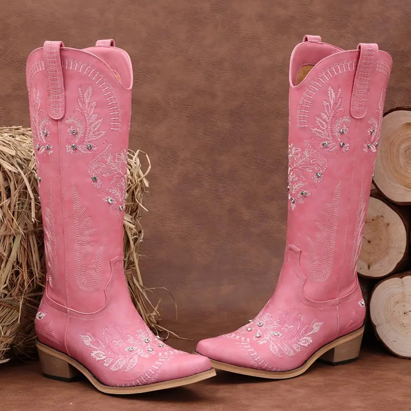 Wide Calf Knee High Western Cowgirl Boots, Sparkly Rhinestone Retro Country Boots