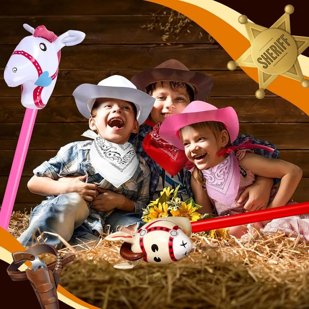 Xtinmee 36 Pcs Cowboy Party, Farm Cowboy Party Hats Paisley Bandanas Inflatable Stick Horses