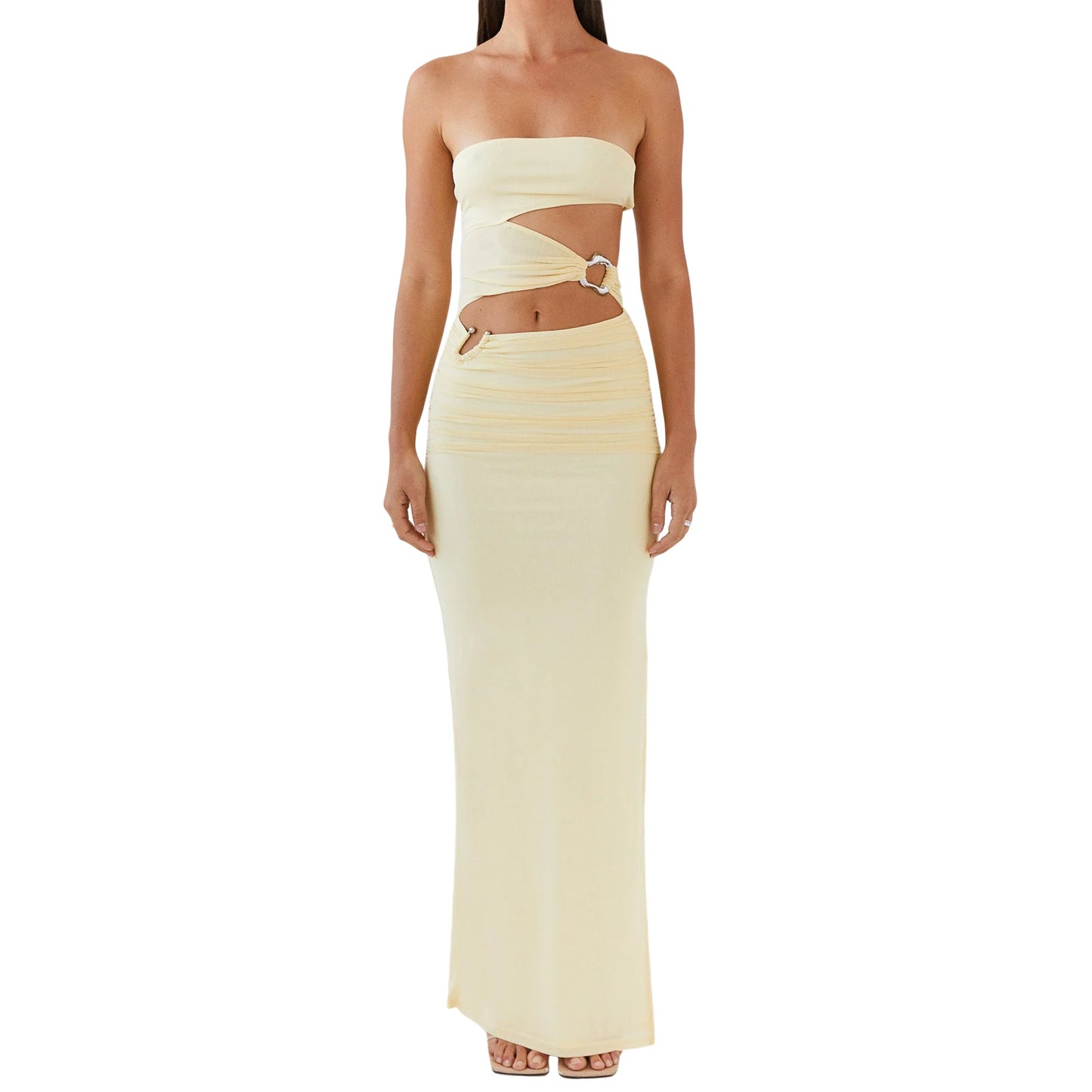 Elegant Off-Shoulder Maxi Dress with Chic Cut-Out Details and Vibrant Print Patterns