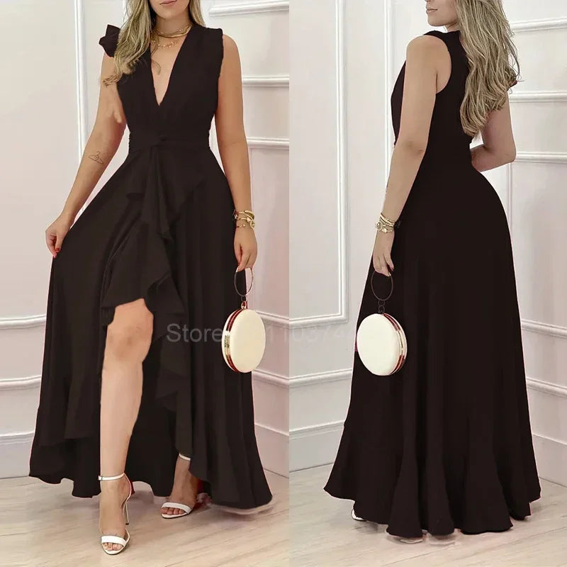 Women Summer Deep V Neck Sleeveless A-Line Long Dress Solid Red Cocktail Dresses