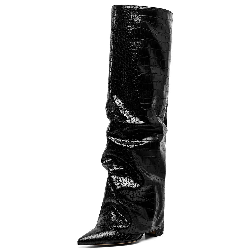 Knee High Fashion Women Fold Over Boots Pleated Block High Heel Pointed Toe Shoes