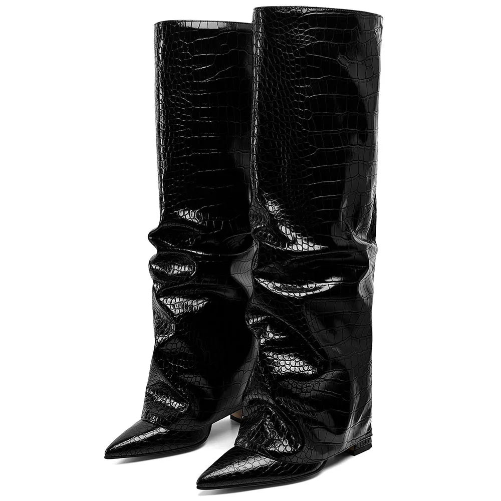 Knee High Fashion Women Fold Over Boots Pleated Block High Heel Pointed Toe Shoes