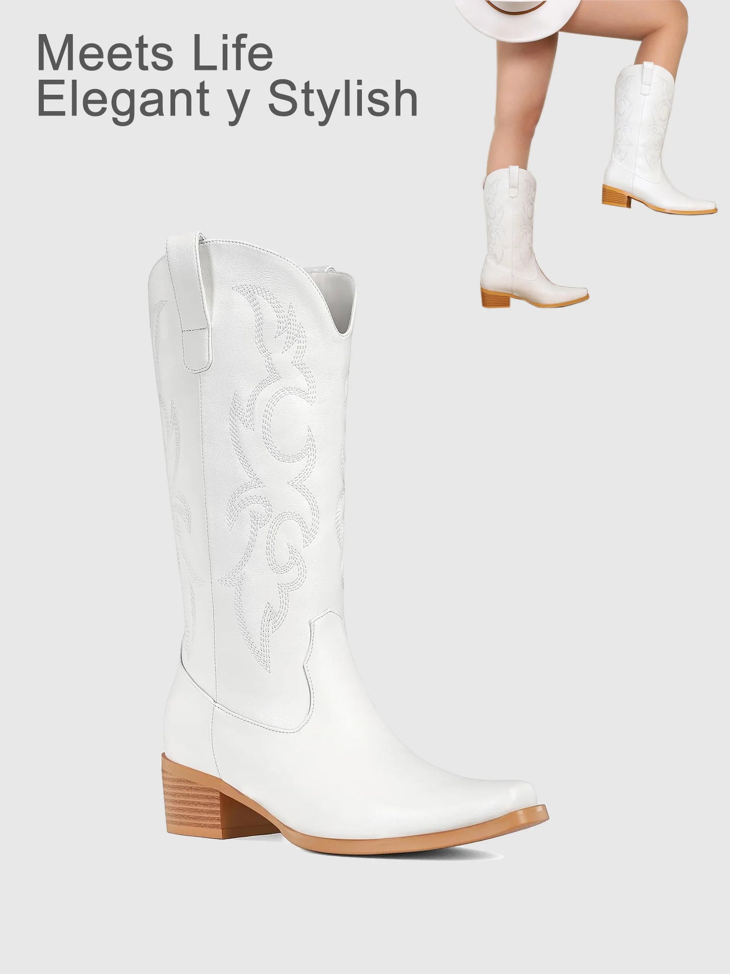 Embroidered Cowgirl Boots Western Mid Calf Fashion Chunky Heel Pointed Toe Country Boots