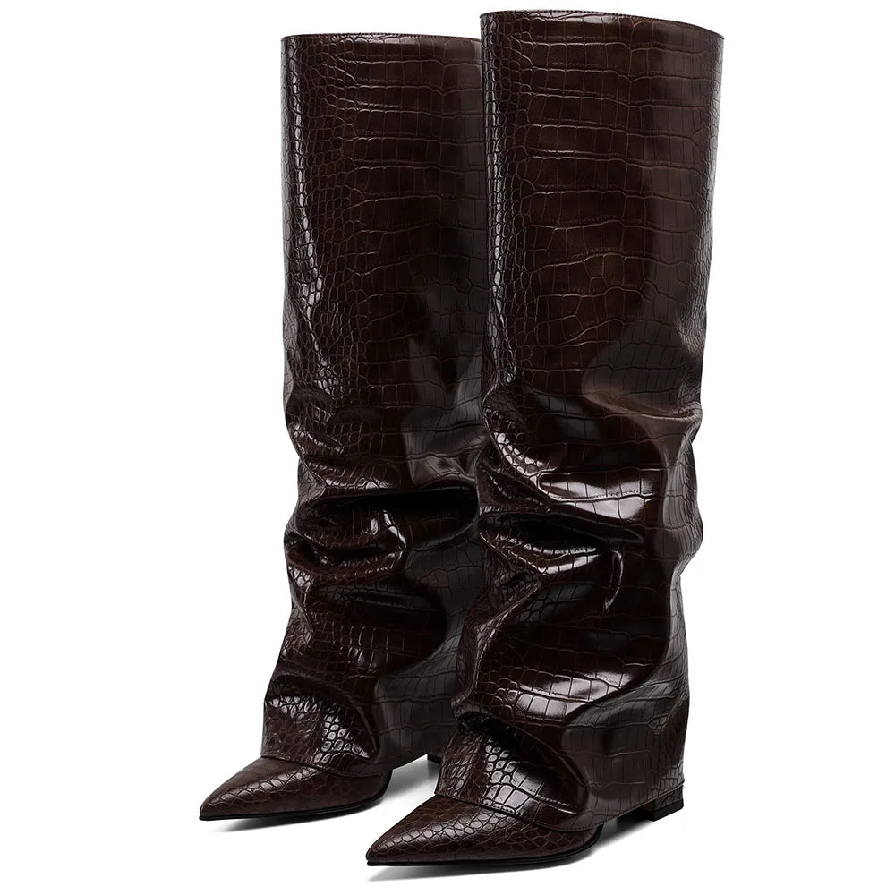 Knee High Fashion Women Fold Over Boots Pleated Block High Heel Pointed Toe Shoes