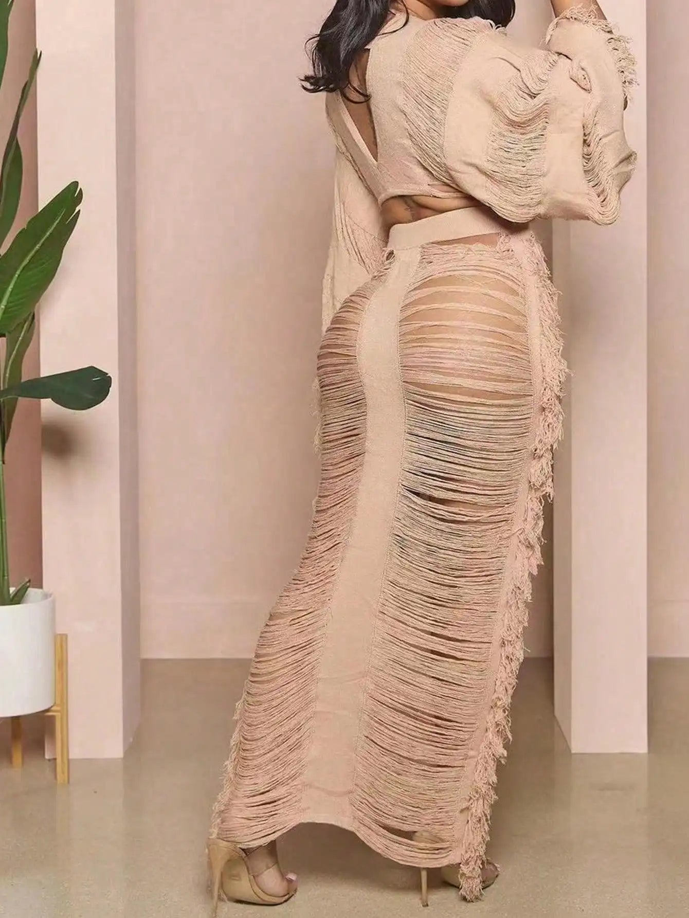 2-piece Long-sleeved Top & Fringed Cutout Floor-length Dress Millennium Bohemian Suit Dress