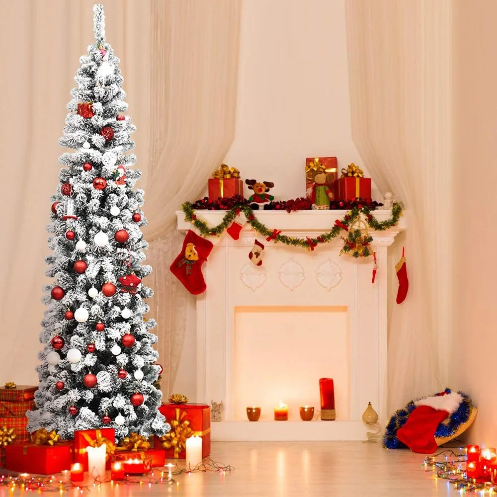 Snow Flocked Pencil Christmas Tree Artificial Xmas Tree for Indoor Outdoor