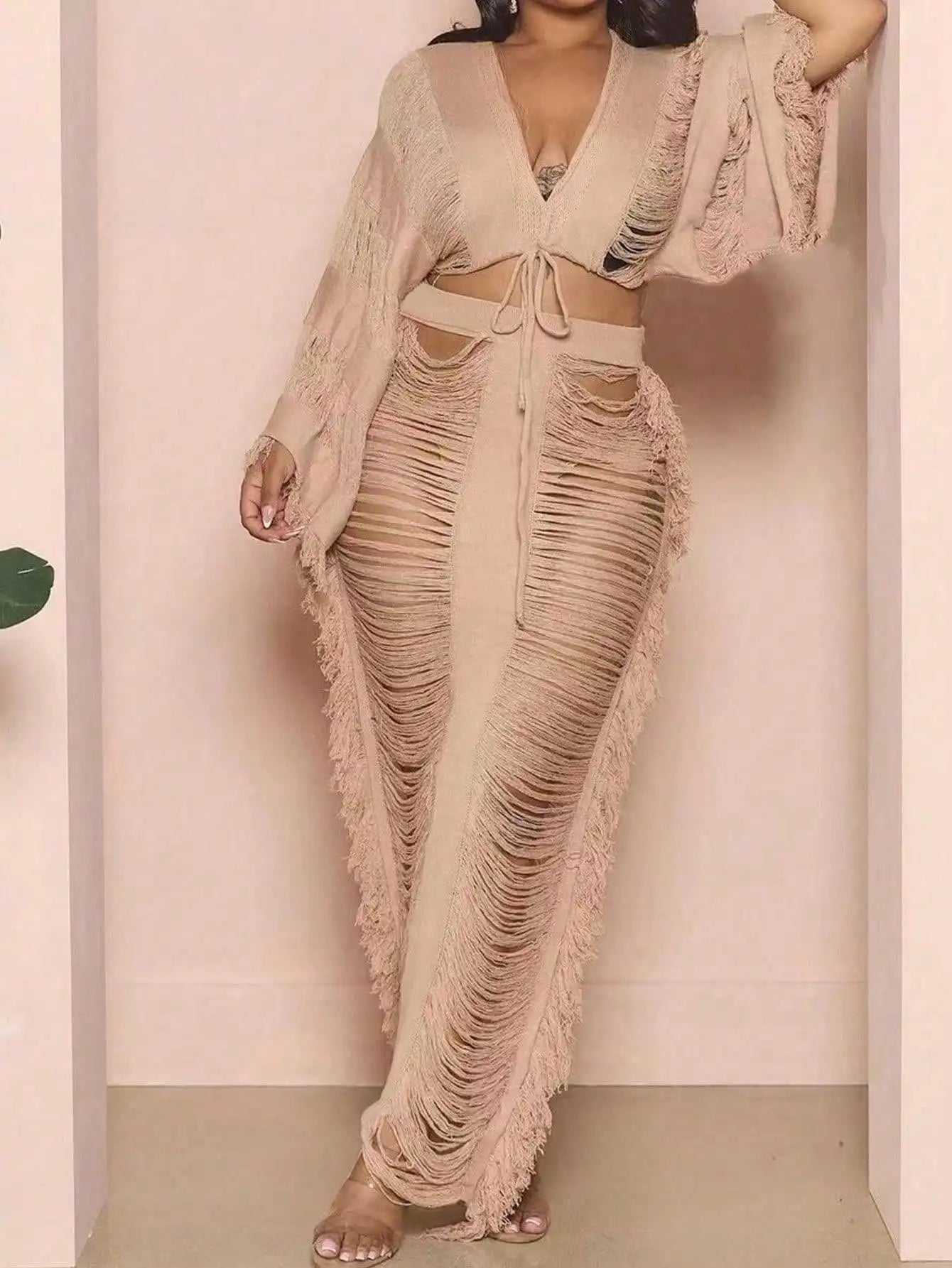 2-piece Long-sleeved Top & Fringed Cutout Floor-length Dress Millennium Bohemian Suit Dress