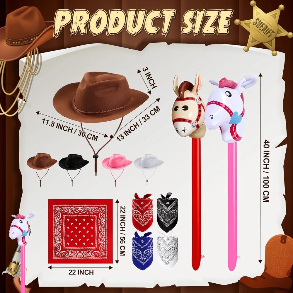 Xtinmee 36 Pcs Cowboy Party, Farm Cowboy Party Hats Paisley Bandanas Inflatable Stick Horses