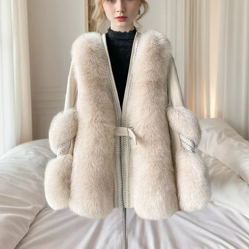 2025 Fashion Slim White Furry Jacket Women Autumn Winter Thick Warm Faux Leather Fur Coat V-neck