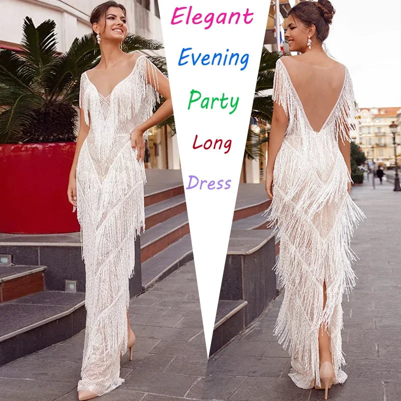 Sexy Wedding Dress Deep V Neck Tassels Dresses Sleeveless Long Dresses Evening Prom Gowns