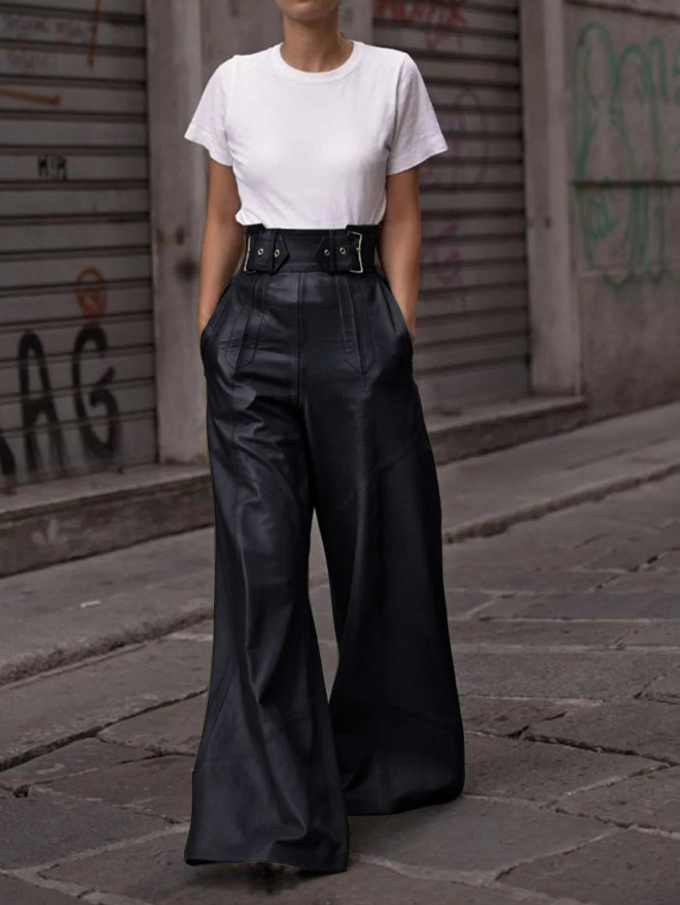 Casual Loose Leather Pants Women High Waist Wide Legs Solid Pocket Flare Pant Female 2025
