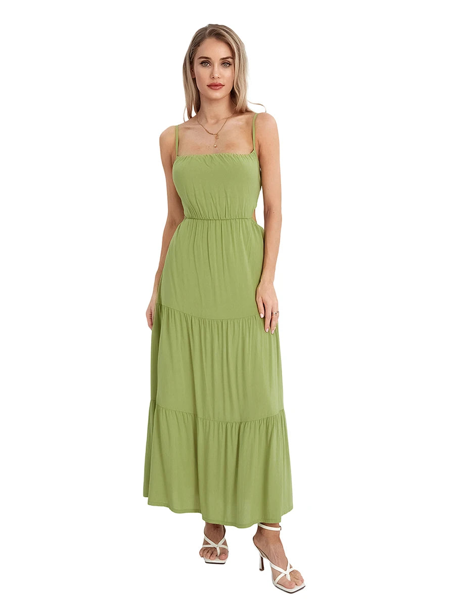 Elegant Sleeveless Maxi Dress with V-Neckline and Ruched Waist Detail for Women